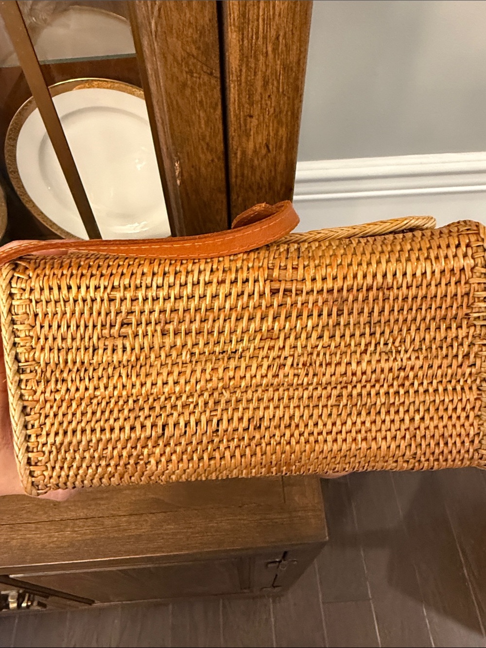 Woven Rattan Straw Crossbody Bag with leather strap - Picture 7 of 15